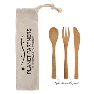 3 Piece Bamboo Utensil Set In Travel Pouch