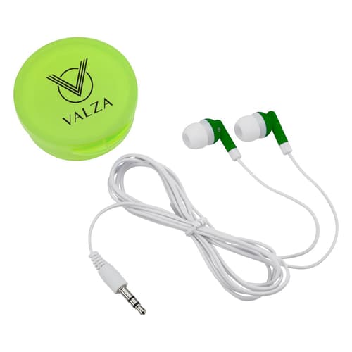 Earbuds In Round Plastic Case
