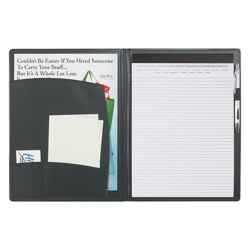 Includes 30 Page Lined 8 ½" x 11" Writing Pad, Elastic Pen Loop And 3 Interior Pockets