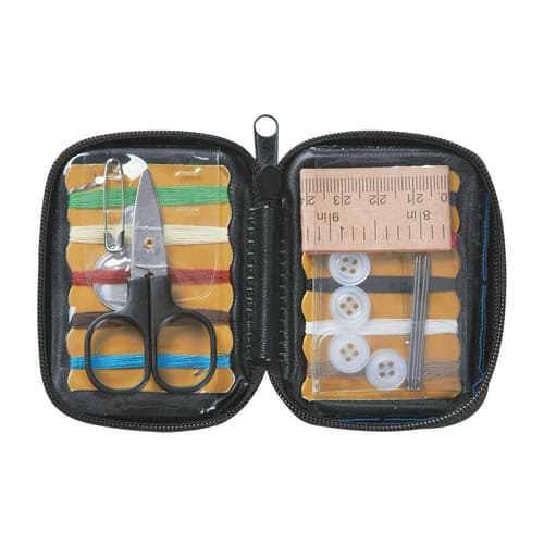 Kit Contains: Scissors, 2 Safety Pins, Needle Threader, 10 Colors Of Thread, Cloth Measuring Tape, 4 Buttons And 4 Needles